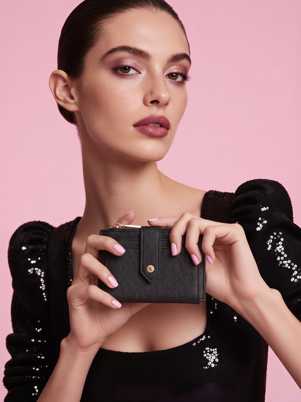 Anne Klein Black Saffiano Leather Card Holder with Gold Hardware